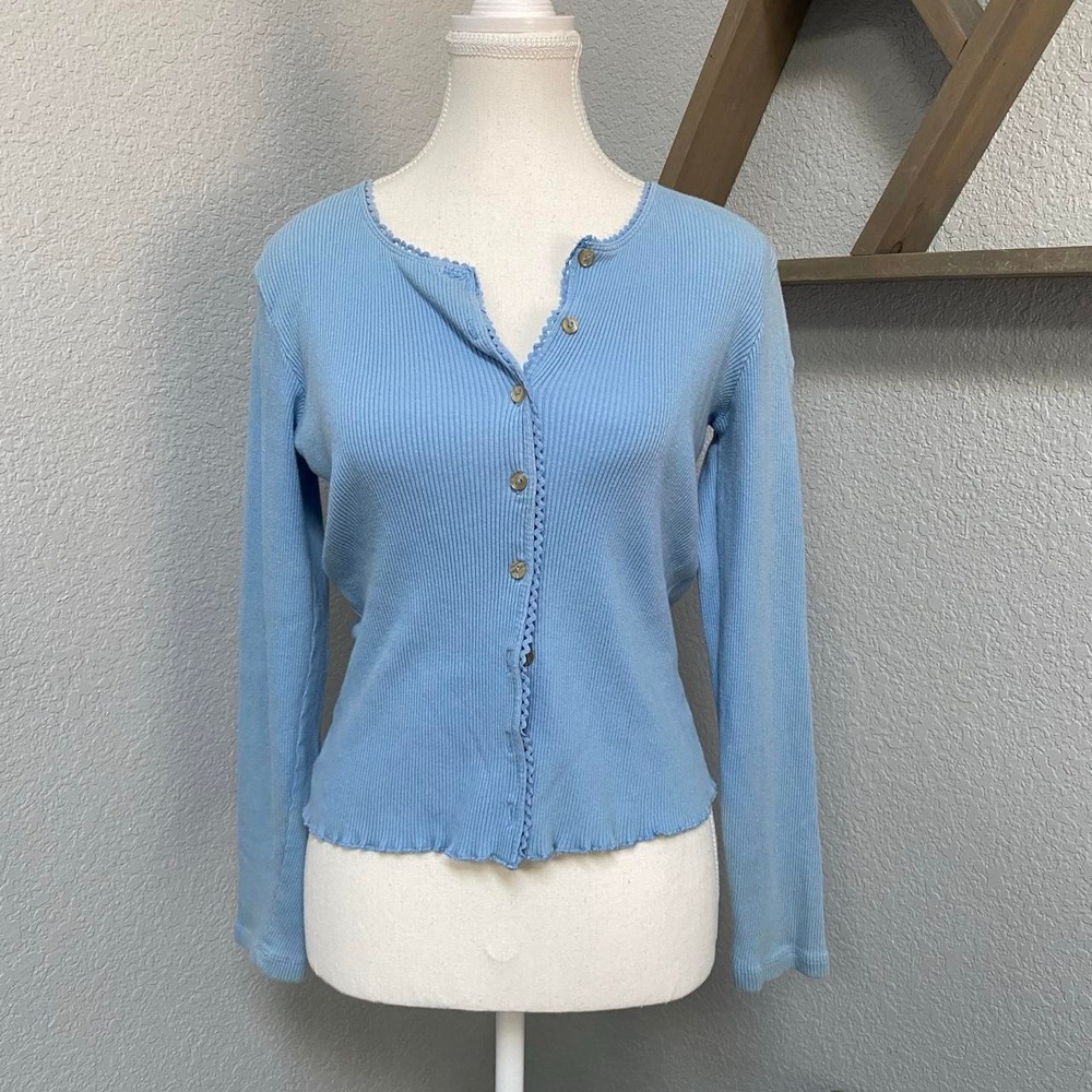 LIZ CLAIBORNE BLUE RIBBED CARDIGAN Y2K COQUETTE SOFT GRUNGE CASUAL MINIMALIST